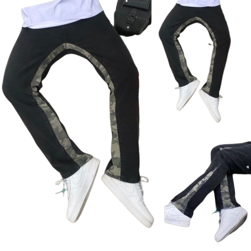 Black Camo-Paneled Inner-Gusset Flare Jeans